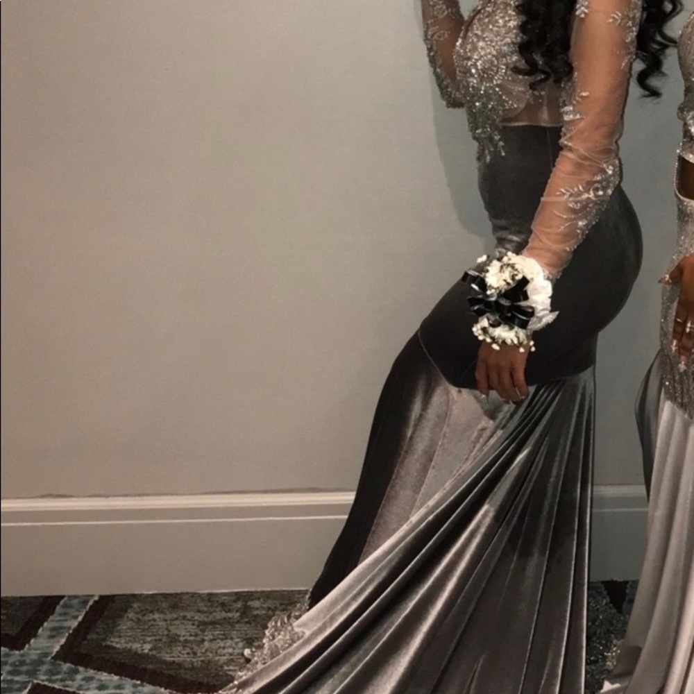 CUSTOM VELVET GREY PROM DRESS